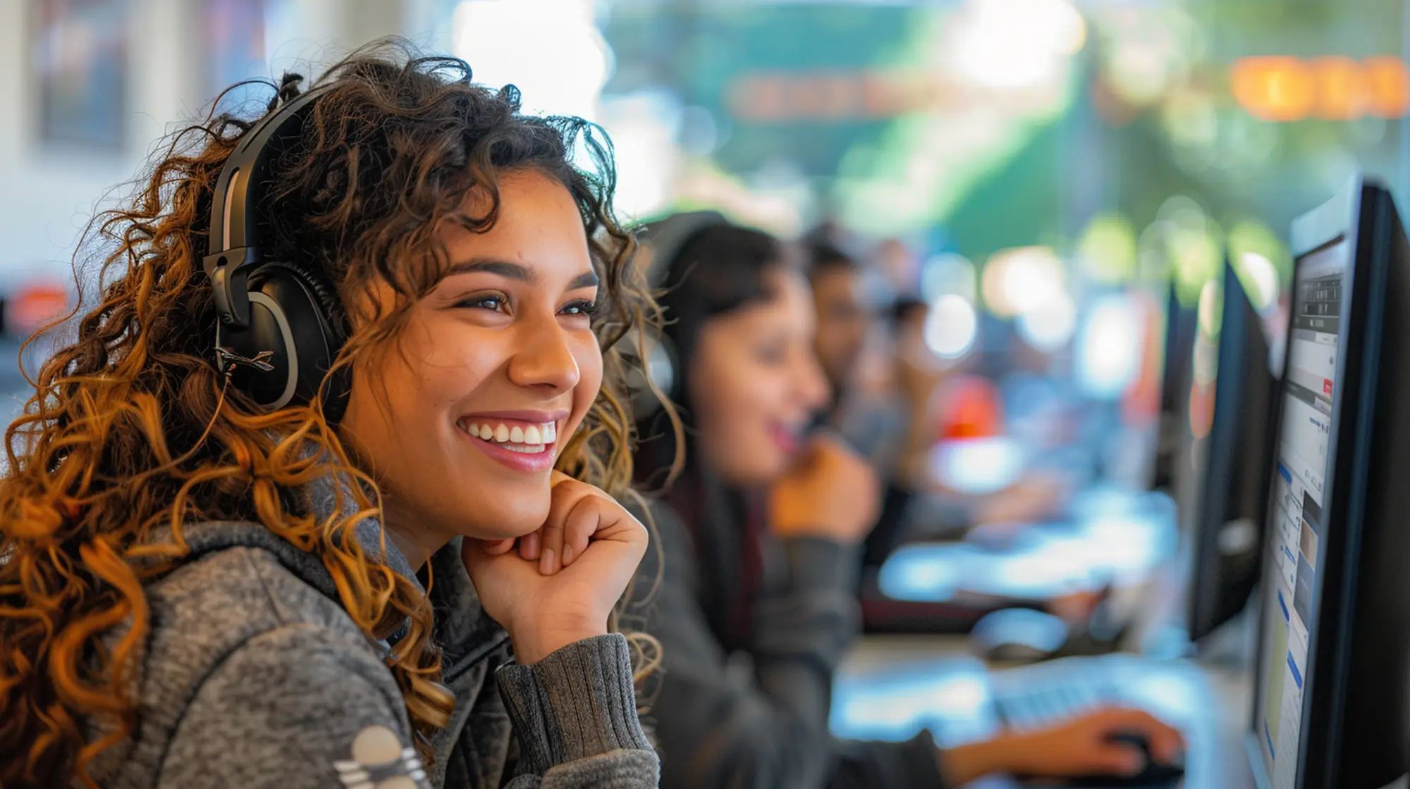 Equipe de atendimento de redes sociais com headset, sorrindo diante dos computadores